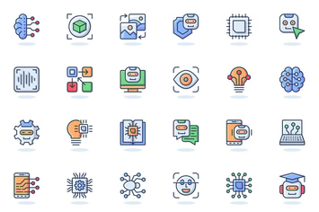 Artificial Intelligence Flat Line Web Icons Set