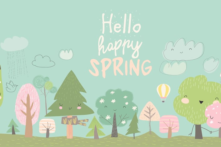 Cute spring trees. Cartoon spring tree on blue bac
