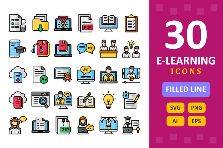 30 E-Learning Icons - Filled Line