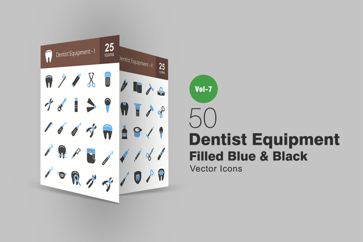 50 Dentist Equipment Blue & Black Icons