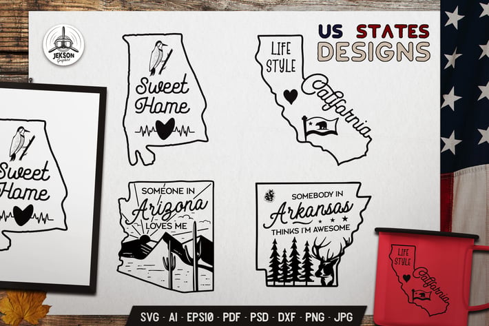 4 US States Vector Designs - California Arizona