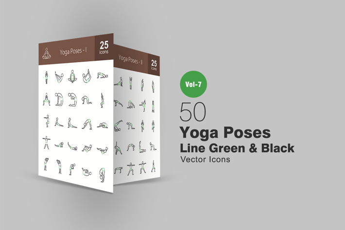 50 Yoga Poses Line Green & Black Icons