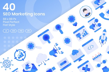 40 SEO Marketing Icons Set - Flat Style