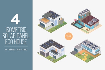 Isometric Solar Panel Eco House Vector Set 1