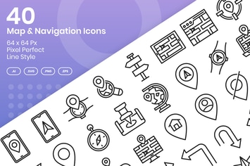 40 Map & Navigation Icons Set - Line