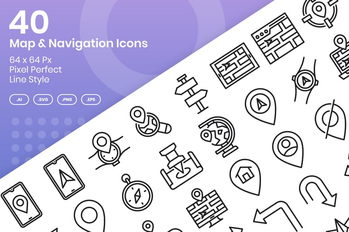 40 Map & Navigation Icons Set - Line