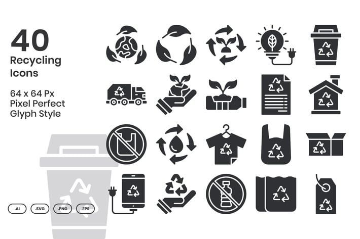 40 Recycling Icons Set - Glyph