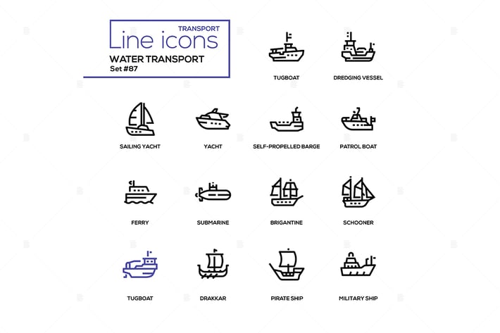 Water transport - line design icons set