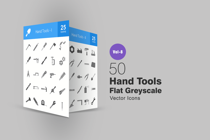 50 Hand Tools Flat Greyscale Icons