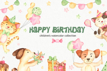 Watercolor Happy Birthday Dog and Cat Clipart