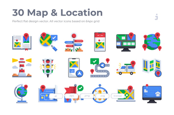 30 Map and Location Icons - Flat