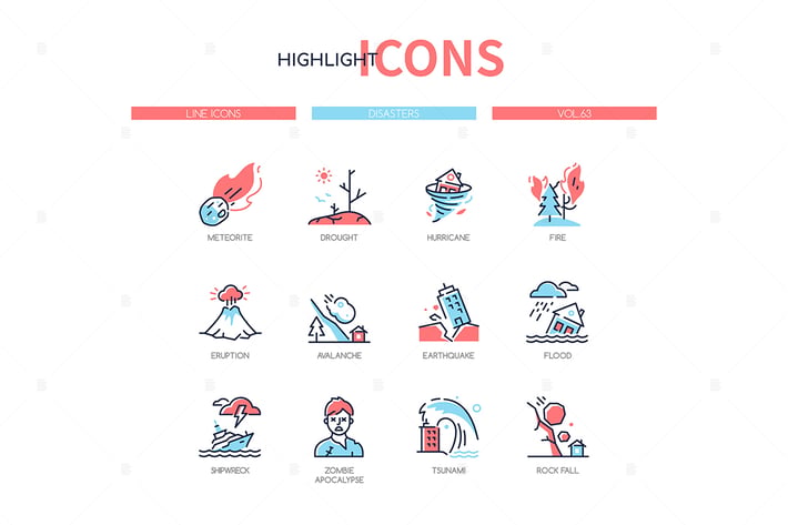 Disasters - modern line design style icons set