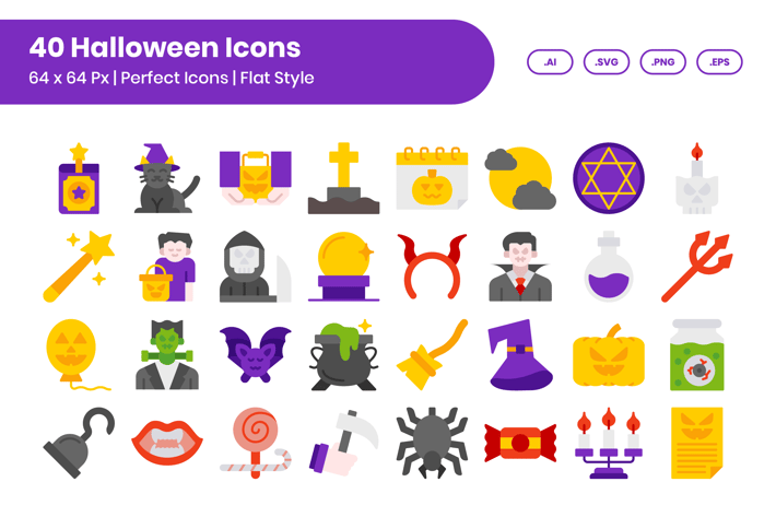 40 Halloween Icons Set - Flat
