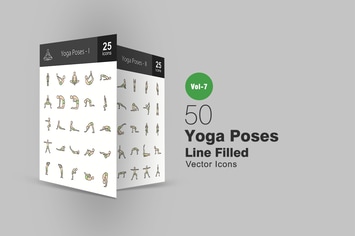 50 Yoga Poses Filled Line Icons