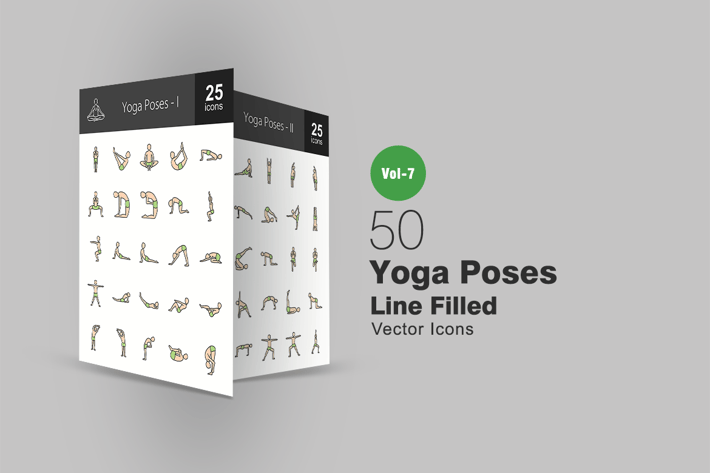 50 Yoga Poses Filled Line Icons