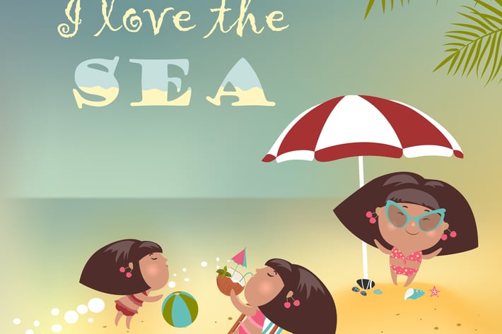 Tanned girls relaxing on the beach. Vector 