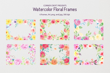 Watercolor floral frame yellow and pink
