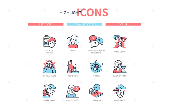 Human psychological problems - line design icons