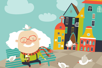 Old man feeding pigeons. Vector flat illustration