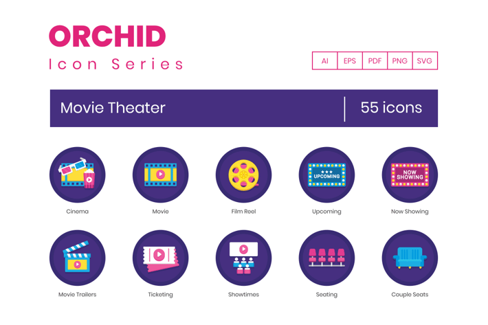 55 Movie Theater Flat Icons