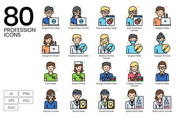 80 Professions Line Icons