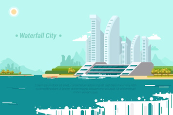 WaterFall City - Vector Landscape & Building