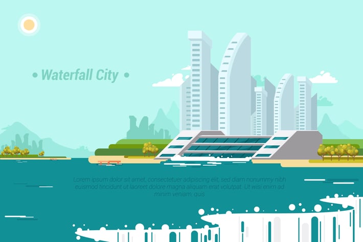 WaterFall City - Vector Landscape & Building
