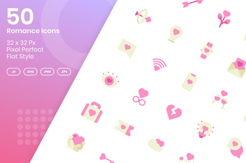 50 Romance Icons Set - Flat