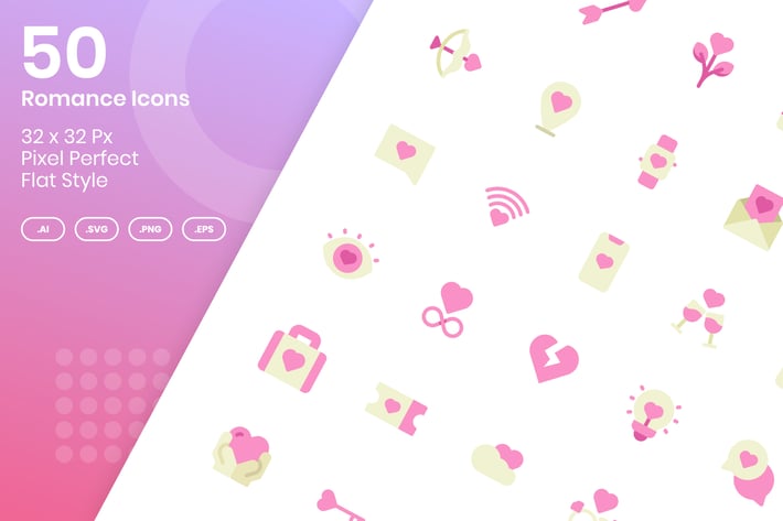 50 Romance Icons Set - Flat
