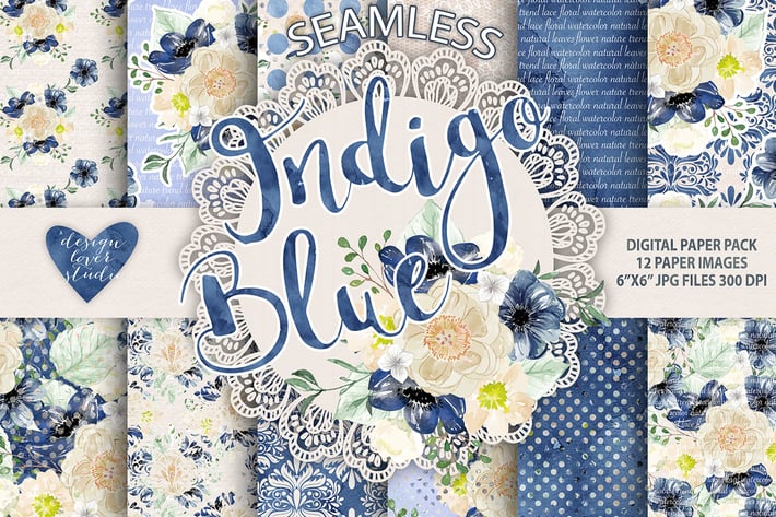 Watercolor Indigo Blue digital paper pack