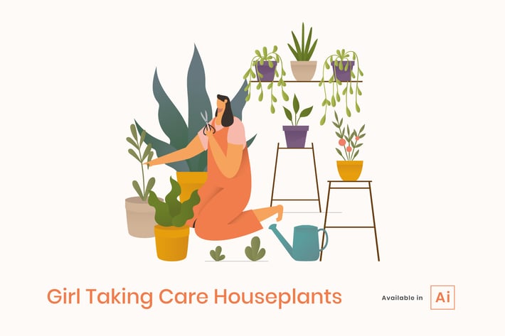 Girl Taking Care Houseplants illustration