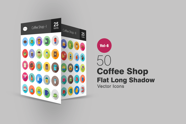 50 Coffee Shop Flat Shadowed Icons