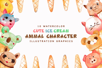 Ice Cream Animal Character Watercolor
