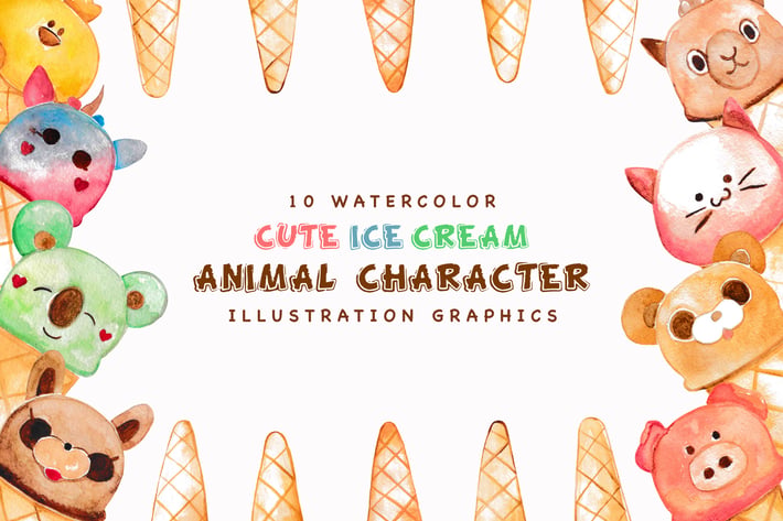 Ice Cream Animal Character Watercolor