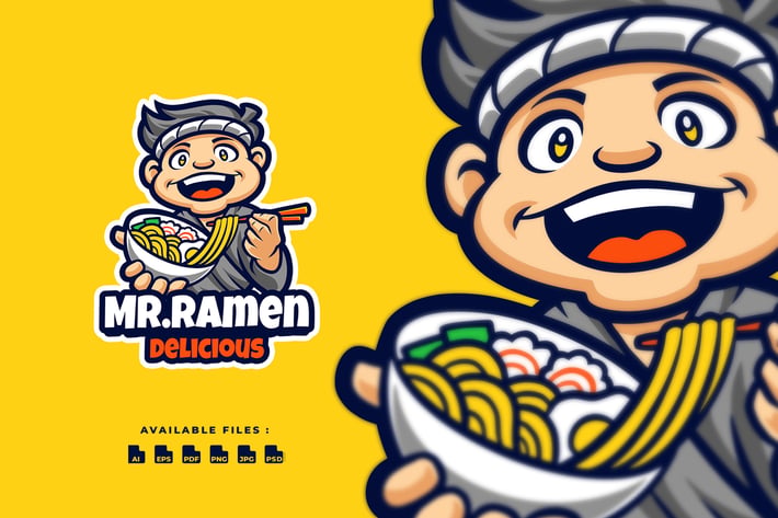 Mr. Ramen Cartoon Mascot Character Business Logo