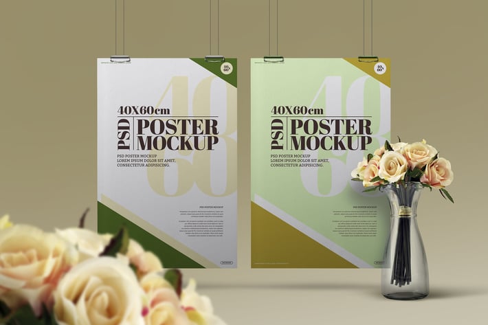 Hanging Mockup 40x60 Poster Clipboard Clip Flowers
