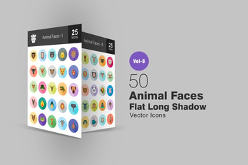 50 Animal Faces Flat Shadowed Icons