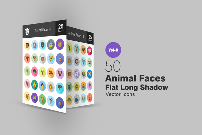 50 Animal Faces Flat Shadowed Icons