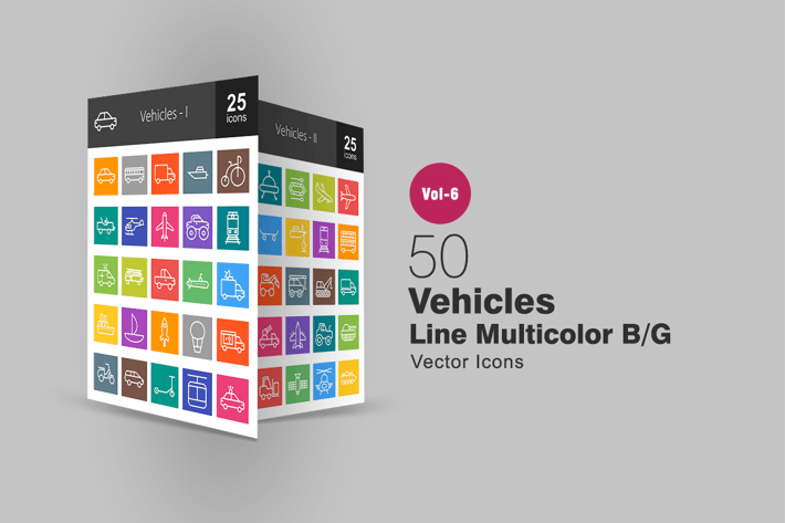 50 Vehicles Line Multicolor B/G Icons