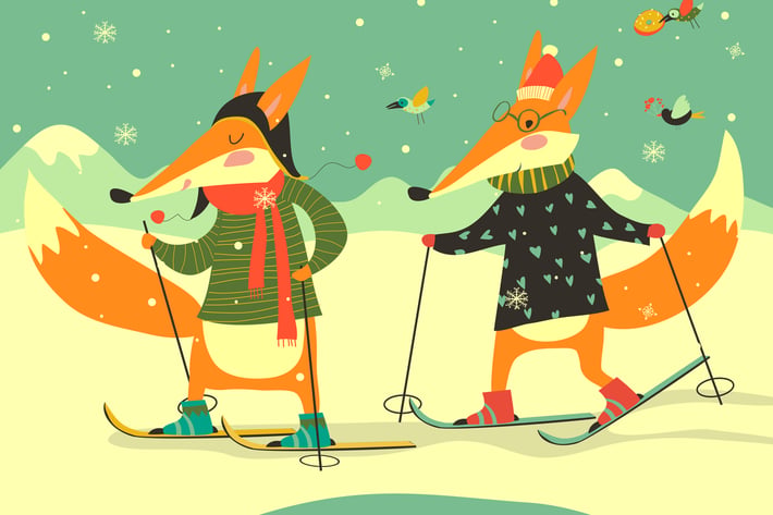 Cute foxes skiing on the piste. Happy winter