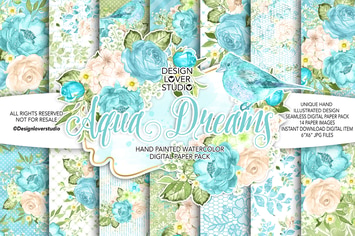 Watercolor AQUA BLUE digital paper pack