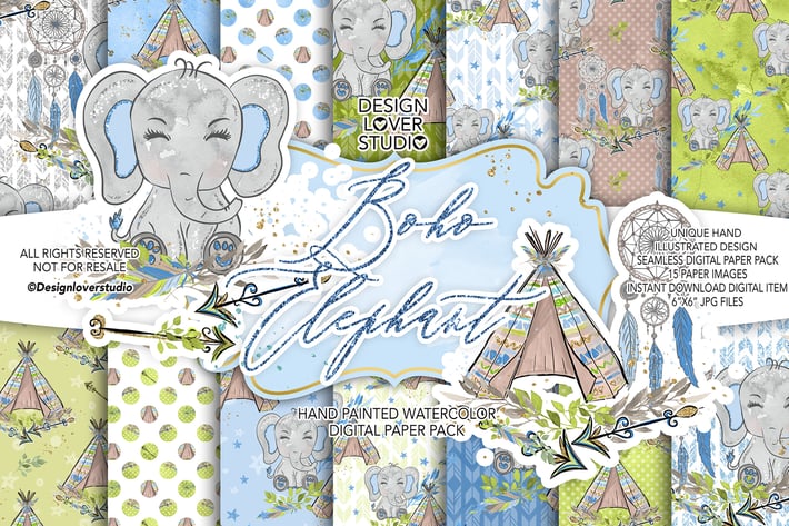 Boho Elephant Blue Cute digital paper