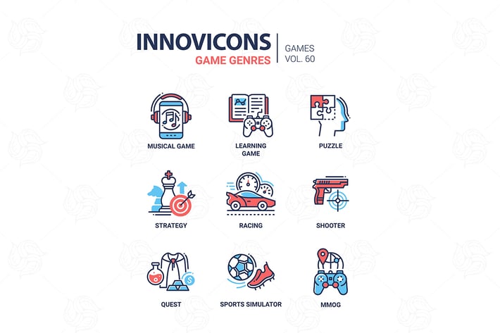 Game genres - line design icons set