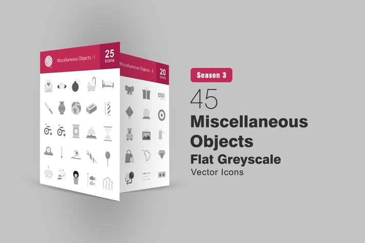 45 Miscellaneous Objects Flat Greyscale Icons