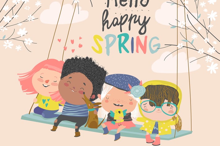 Happy kids flying on a swing in spring garden. 