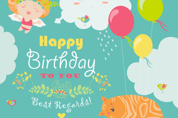 Vector birthday card with cute cat and angel