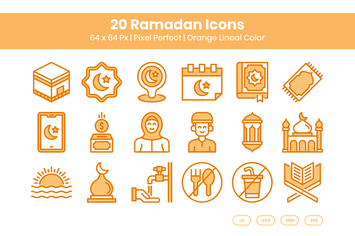20 Ramadan Icons Set - Orange Lineal Color
