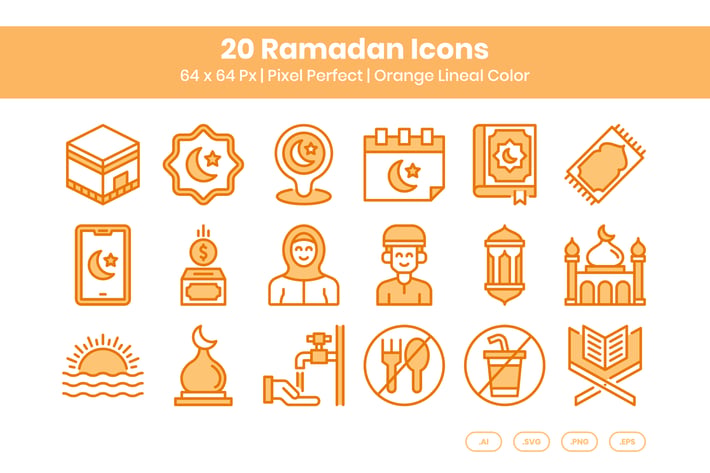 20 Ramadan Icons Set - Orange Lineal Color