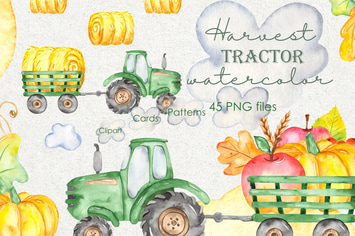 Watercolor harvest tractor Clipart, cards, pattern