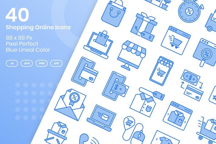 40 Shopping Online Icons Set - Blue Lineal Color